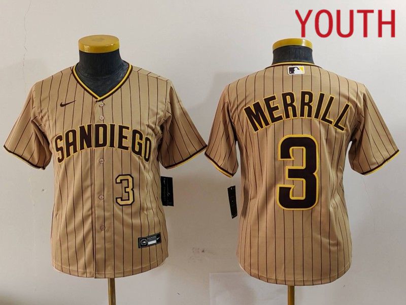 Youth San Diego Padres #3 Merrill Brown Stripe Game 2024 Nike MLB Jersey style 9021